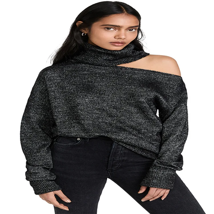 2022 Autumn/Winter New Solid Color Two Collar Leaky Shoulder Sexy Women's Sweater Knitted