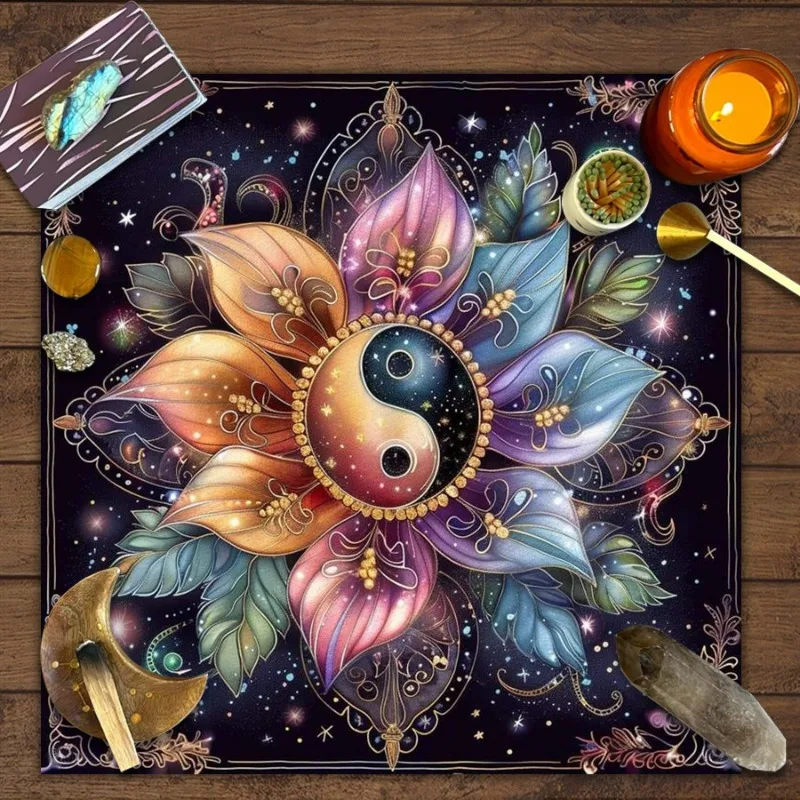 

Yin-Yang Mandala Tarot Card Table Cloth Wicca Altar Cloths Vibrant Starry Sky Floral Tarot Tablecloth Abstract Decor for Home