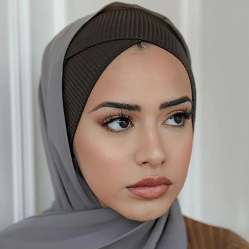 Frente transversal com nervuras sob cachecóis elásticos muçulmanos hijabs interior islam cabeça envolve feminino headscarf bonnet sob hijab bonés