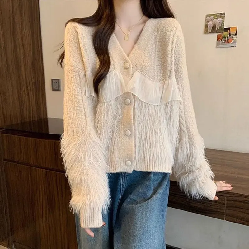 

Autumn Winter Lace Spliced Cardigan Casual V-Neck Women's Clothing Long Sleeve Vintage Loose Single-breasted Knitted Sweaters