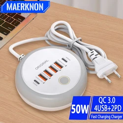 Creative Round 50W PD Charger 6 Ports USB Type C Phone Charger Adapter With Touch LED Light For iPhone 15 Samsung Xiaomi Huawei