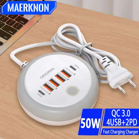 크리 에이 티브 라운드 50W PD 충전기 6 포트 USB 유형 C 전화 충전기 어댑터 아이폰 15에 대 한 터치 LED 빛 삼성 Xiaomi 화 웨이