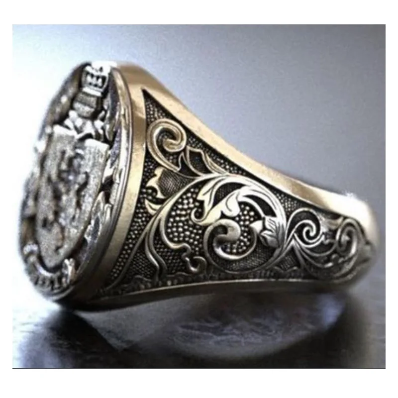 Vintage Lion Crown Shield Embossment Signet Rings for Men Women Retro Silver Color Metal Finger Rings Punk Hip Hop Party Jewelry