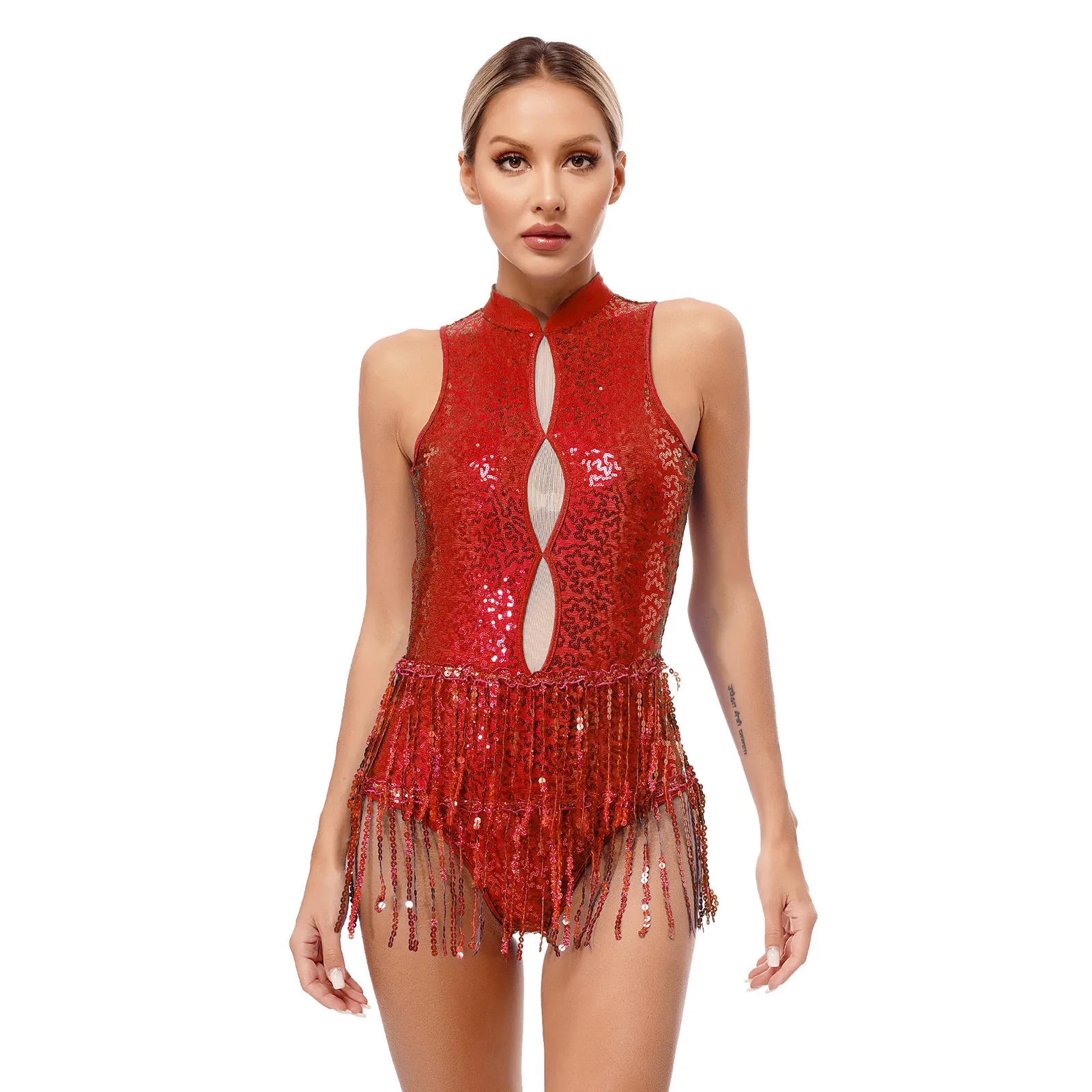 Women Sleeveless Fringed Latin Dance Bodysuit Glitter Sequins Tassel Gymnastics Leotard Performance Costume Tango Dancewear