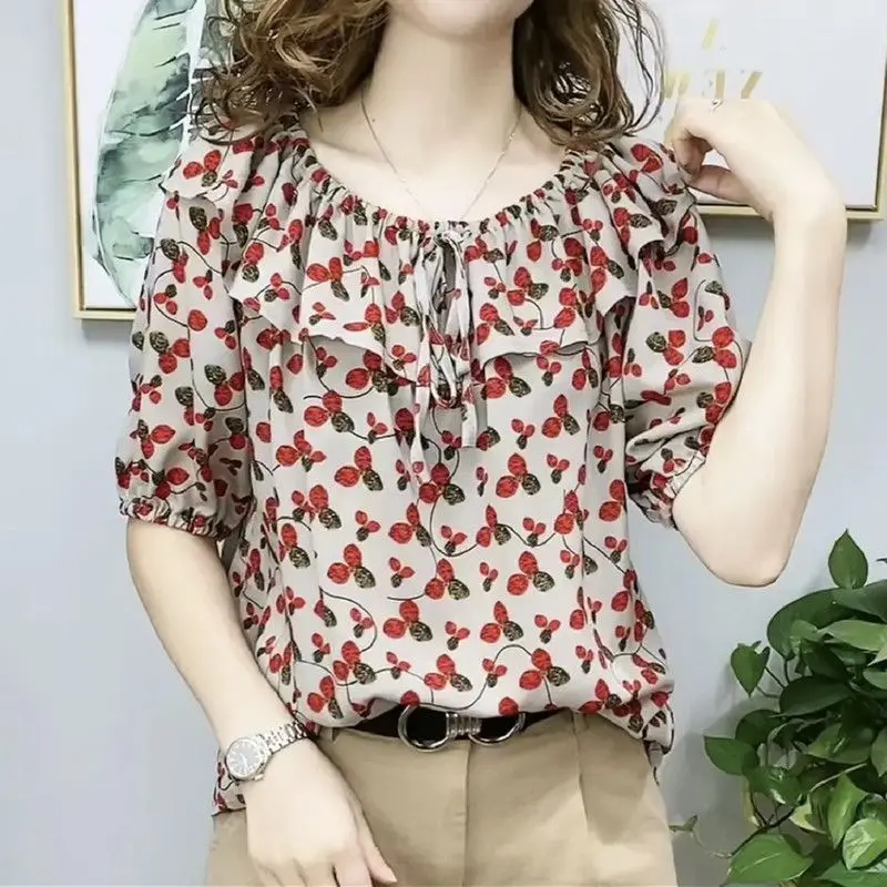 Summer Women\'s Commuter Pleated Chiffon Shirt Bow Tie Short Sleeve Fashion Casual Printing Blouse Pullover Tee Shirt Tops