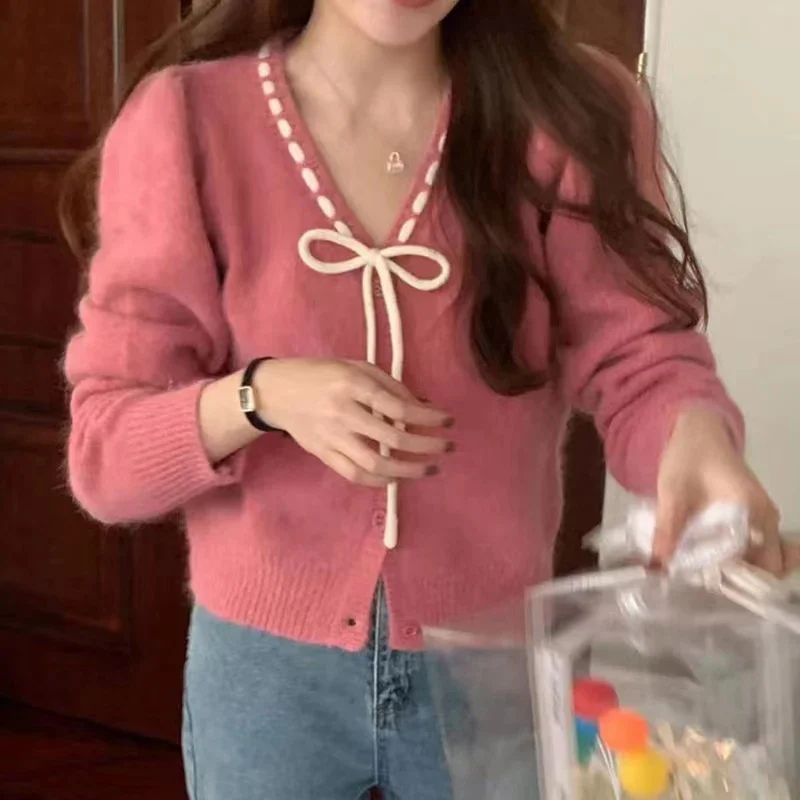春と秋の甘い小さな香りのスタイル蝶ネクタイ V ネックルーズ多用途長袖ニットカーディガンセーター