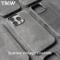 YMW Scars Crazy Horse Genuine Leather Case for iPhone 16 Pro Max 15 14 13 Mini Magnetic PULL-UP Frosty Cowhide Phone Cover