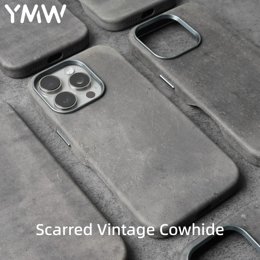 YMW Scars Crazy Horse Genuine Leather Case for iPhone 16 Pro Max 15 14 13 Mini Magnetic PULL-UP Frosty Cowhide Phone Cover