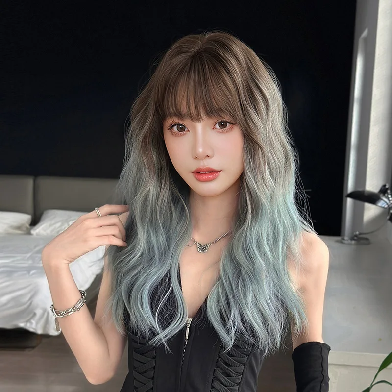 Fashionable synthetic fiber wig for women, long curly hair with water wave pattern, realistic full head cover
