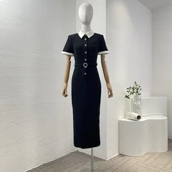2024 New Autumn Black Short Sleeve Turn Down Collar Midi Dress for Women