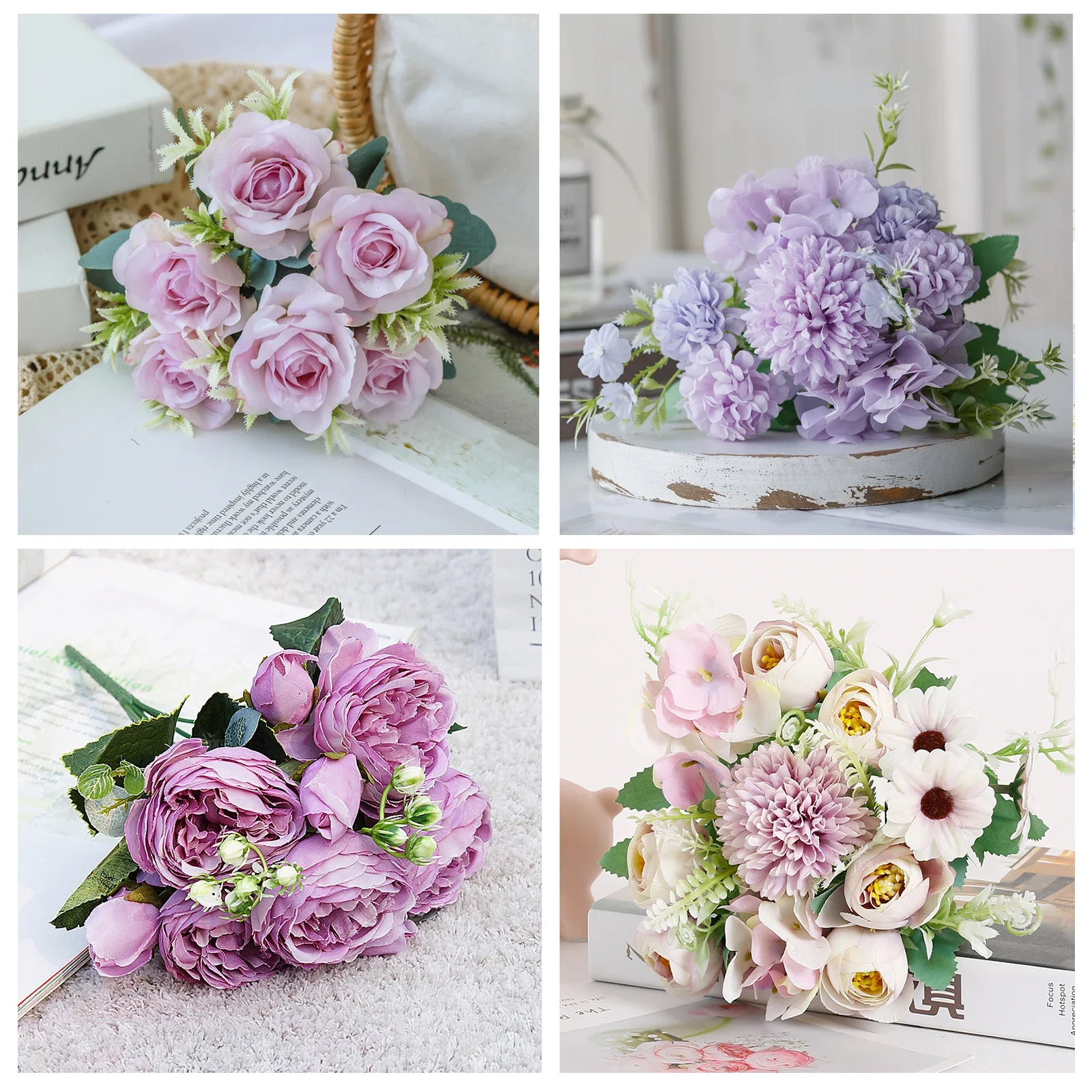 1 Bouquet purple Artificial Flowers Peony Tea Rose Autumn Silk Fake Flowers for DIY Living Room Home Garden Wedding Decoration