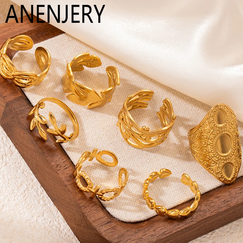 ANENJERY 316L Stainless Steel Irregular Lines Leaf Heart Hollow Open Ring for Women Men Niche Vintage Jewelry Gifts Wholesale