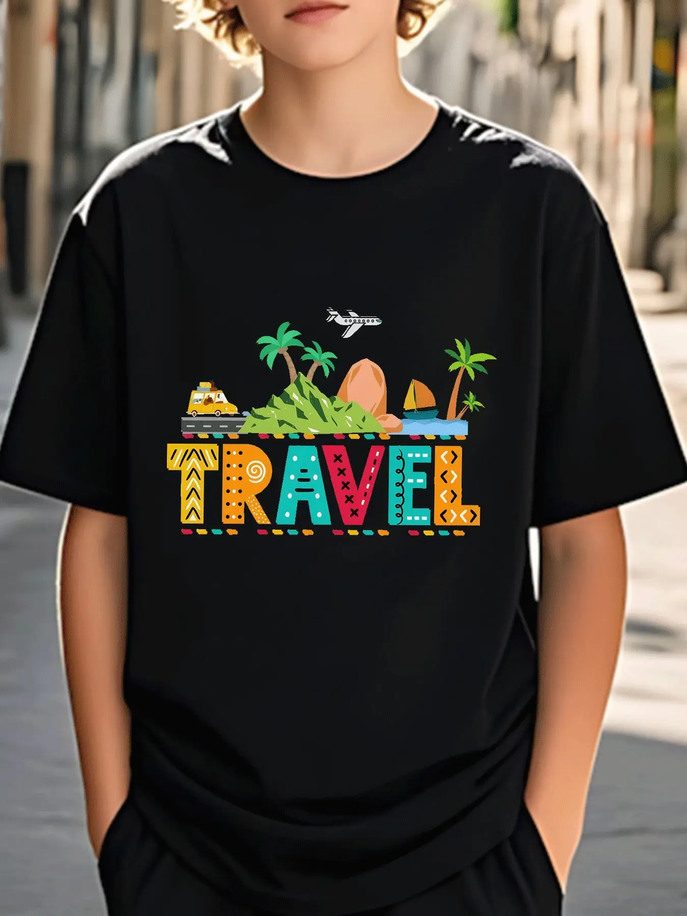 Travel Tropical Island Plane Camper Family Matching Cotton T Shirts Short Sleeve Summer Tees For Mom Dad Boys Girls Daily Tops