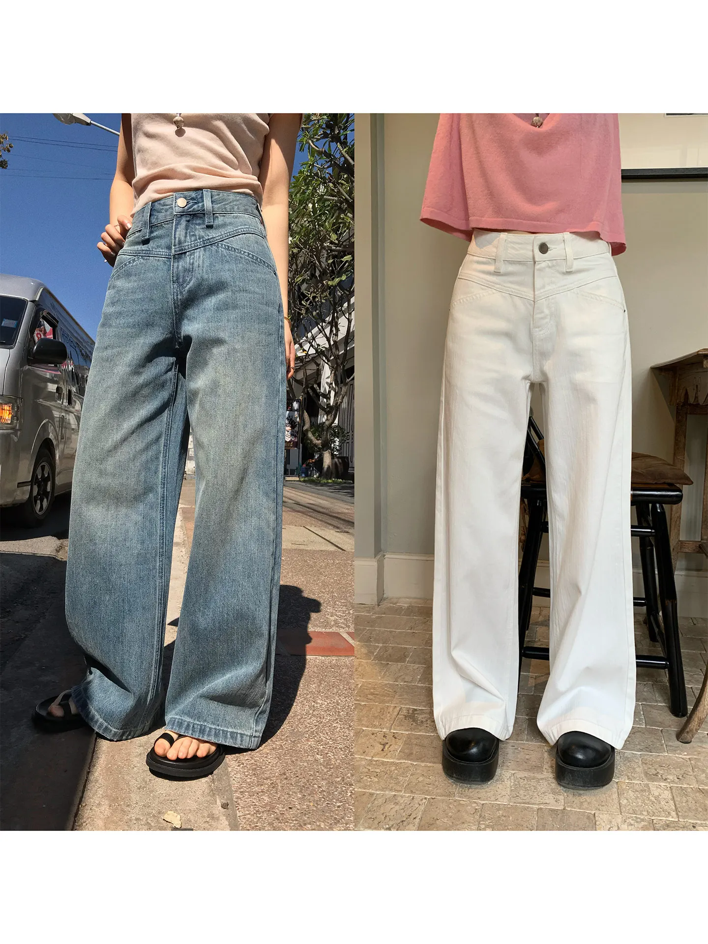 

Elegant High-Rise Straight Leg Jeans Blue White Striped Floor-Length Wide Leg Pants for Short Women Spring Summer Ladies