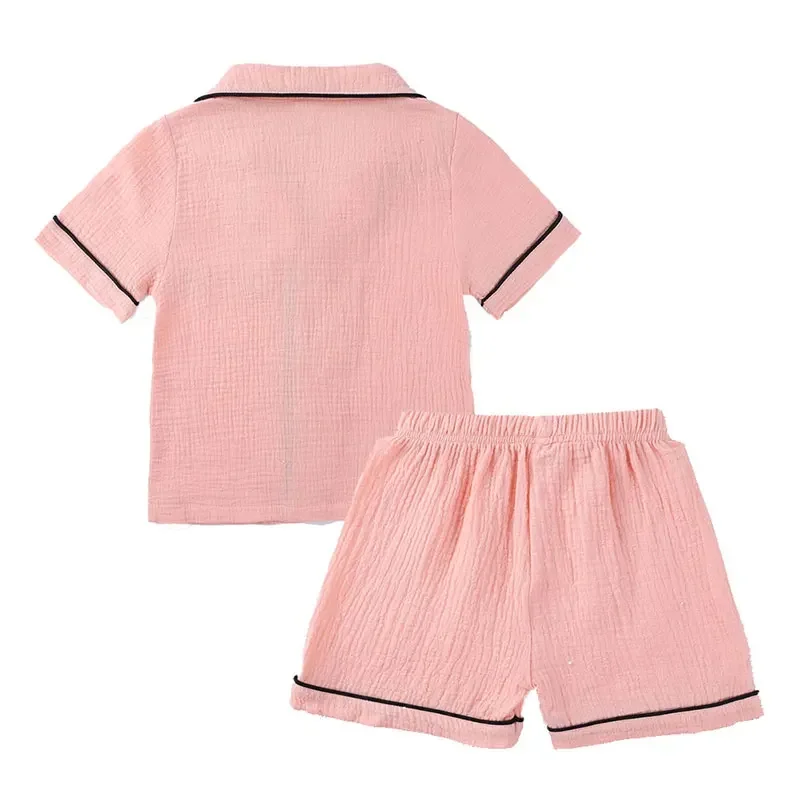 Fashion Pajama Set for Girls Solid Color Cotton Linen Short Sleeve Sleepwear+Pants Summer Children's Sleepwear Sets 3-7 Years