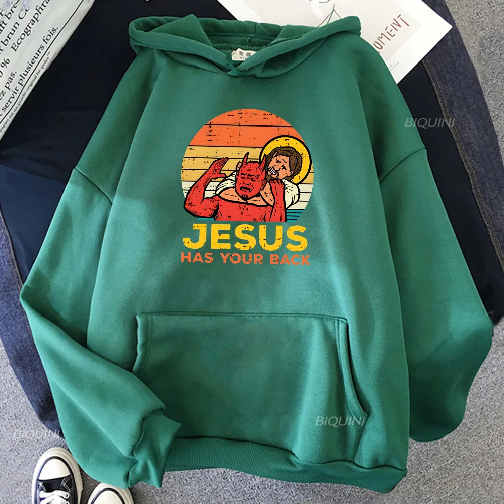 Jesus Has Your Back Jiu Jitsu Retro Christian Hoodie Women Men Vintage Long Sleeve Sweatshirts Ropa Hombre Sudaderas Winter Tops