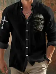2024 Halloween Men's Vintage Dark Skull Print Black Long Sleeve Shirt - Skull Print,Regular Fit,, Lapel Collar, Polyester Blend