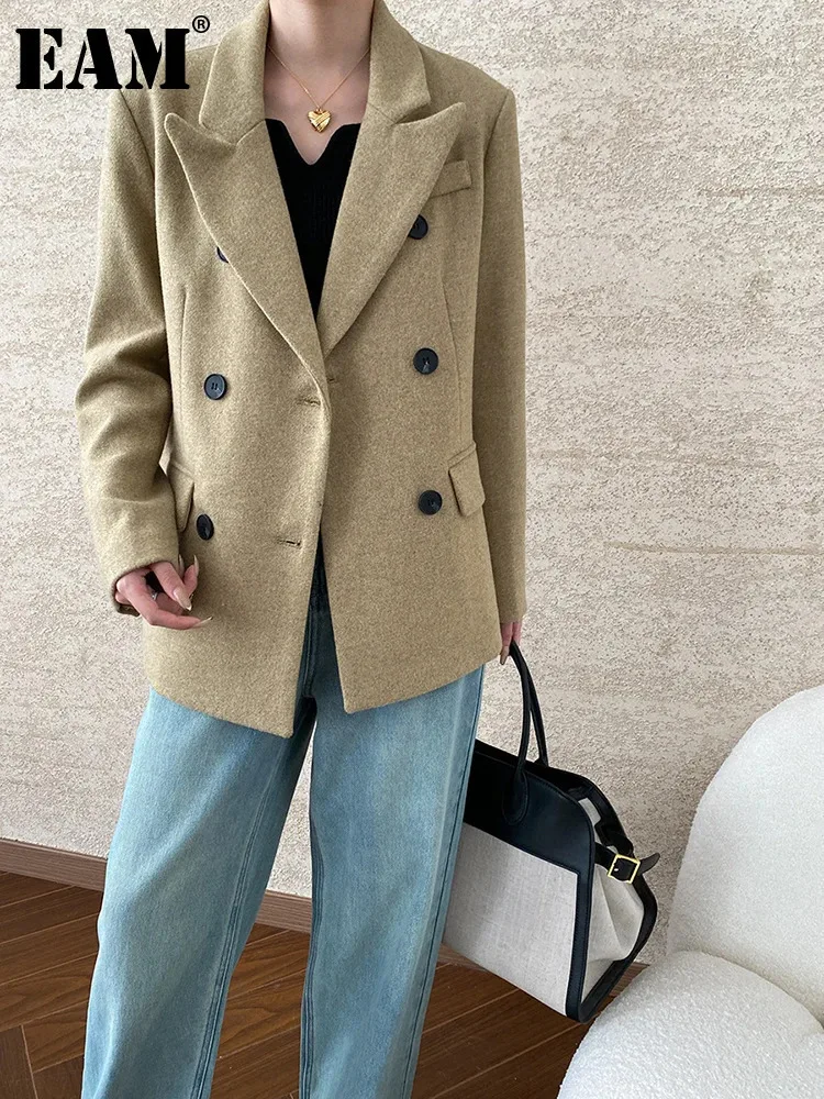 

[EAM] Camel Double Breasted Big Size Thick Woolen Coat New Lapel Long Sleeve Women Jacket Fashion Autumn Winter 2024 1DH7376