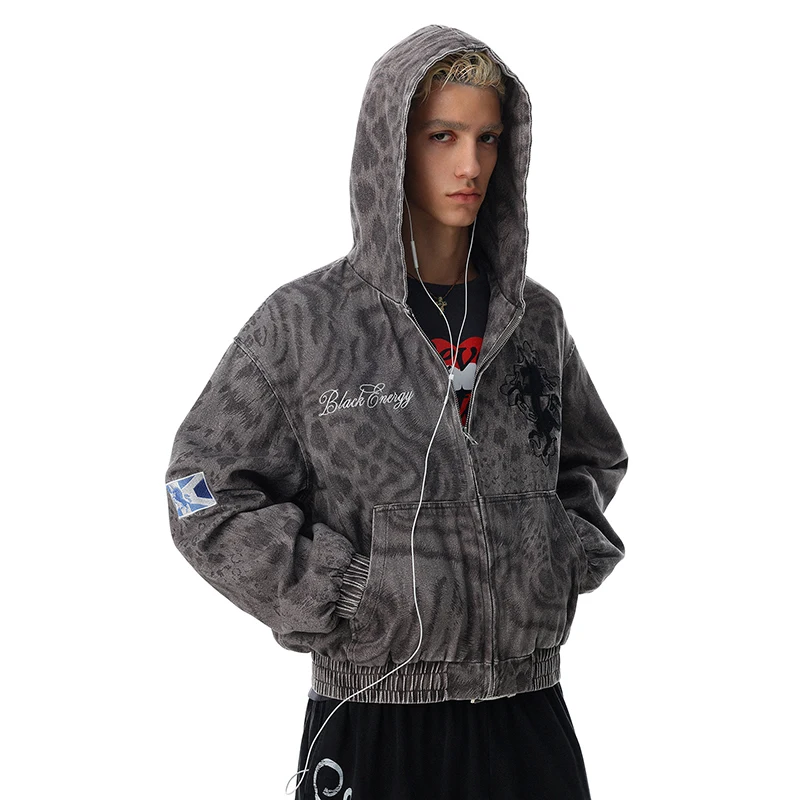 LUZHEN 2026 New Trendy Vintage Style Leopard Print Hoodies Coat Men's High Quality Elastic Wiast Long Sleeve Sweatshirt JY9081