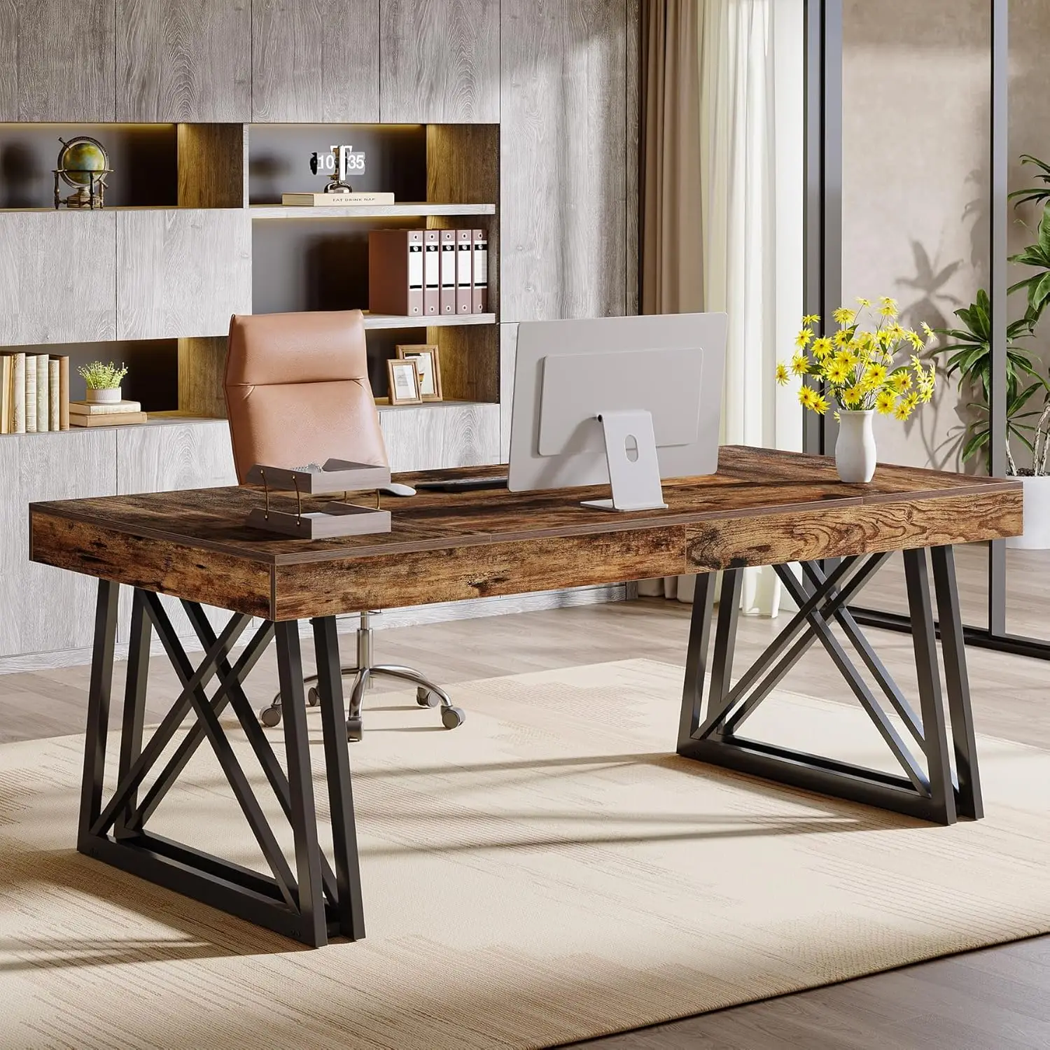 

63-Inch Executive Desk, Farmhouse Office Computer Desk , Large Writing Table Business Furniture Workstation