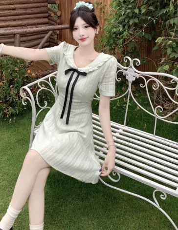 فساتين الأميرة الصيفية الفرنسية الحلوة كبيرة الحجم لتخفيض العمر وخصر عالٍ وأكمام قصيرة وياقة بيتر بان فستان كوري متعدد الاستخدامات #2