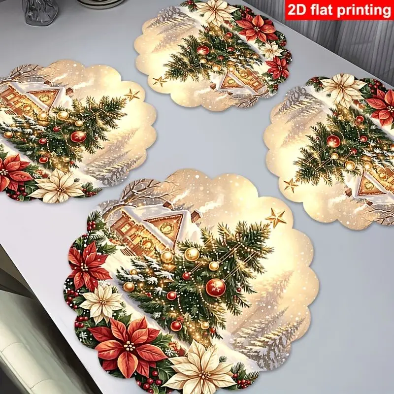 VIKAMA Christmas Cottage Tree Poinsettia Placemat Wavy Edge Snow House Ornament Star Berry Holiday Table Mat Decor Charming Soft