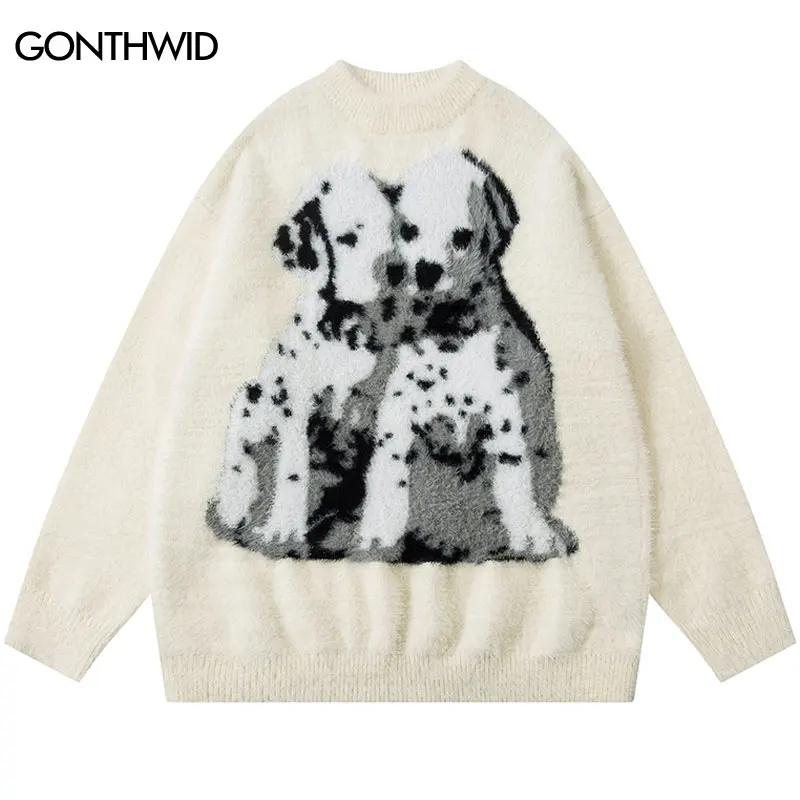 Men Sweater Streetwear Knitted Cute Dalmatian Dog Cozy Sweaters Y2K Hip Hop Harajuku Casual Baggy Fleece Fuzzy Pullover Jumpers