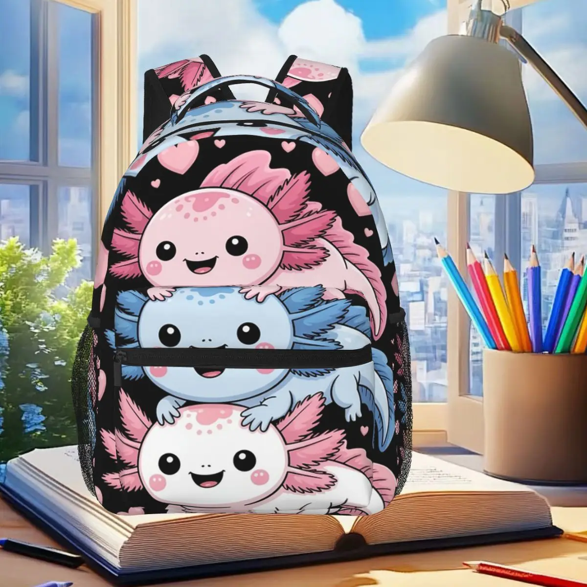 Colorful Rainbow Axolotl Stacked Together Backpack Student Boys Girls BookBag Kids School Bag Laptop Shoulder Bags for Men Women