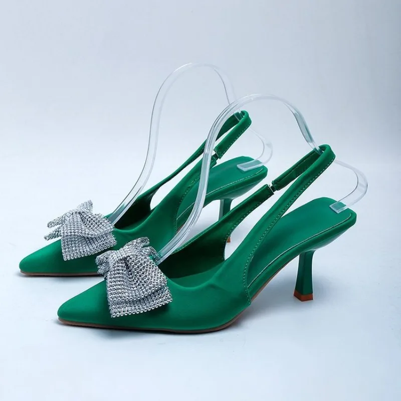 French Elegant High-heeled Pointed-toe Shallow Bow-tie Embellished with Rhinestones Back-strap Slingback Toe-cap Sandals