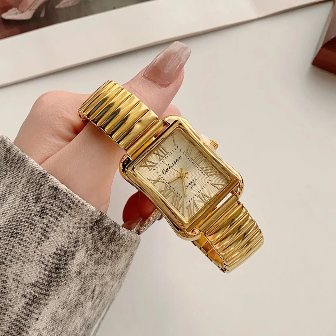 Reloj de cuarzo con puntero redondo dorado, reloj de pulsera clásico con banda elástica de simulación, adecuado para parejas masculinas y femeninas