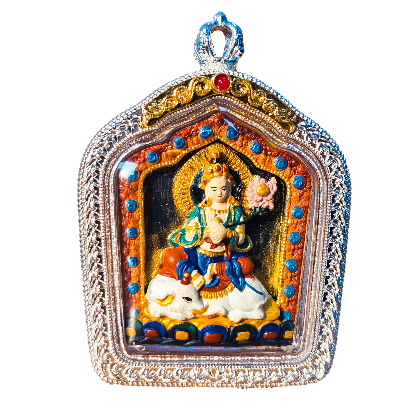 Hand-Painted Tibetan Thangka 3D  Gau Box Pendant Nelace Buddha Amulet Yellow Wealth God Zhanga Ram Prajna