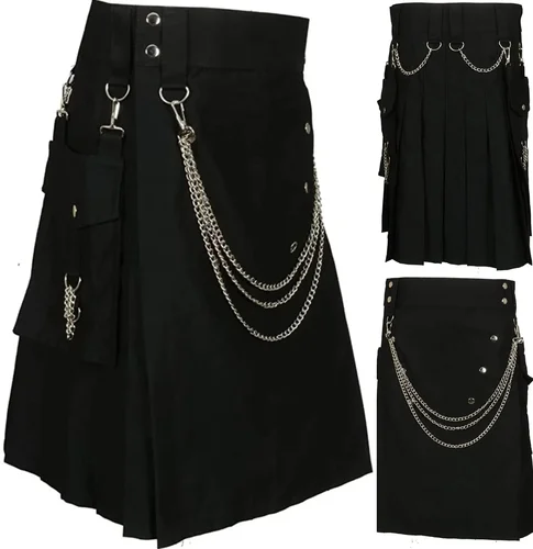 Imagen 2 del producto Falda Escocesa Vintage para Hombre, Estilo Gótico Punk, Falda Kendo con Bolsillos, Falda Escocesa Negra con Cadenas Plateadas