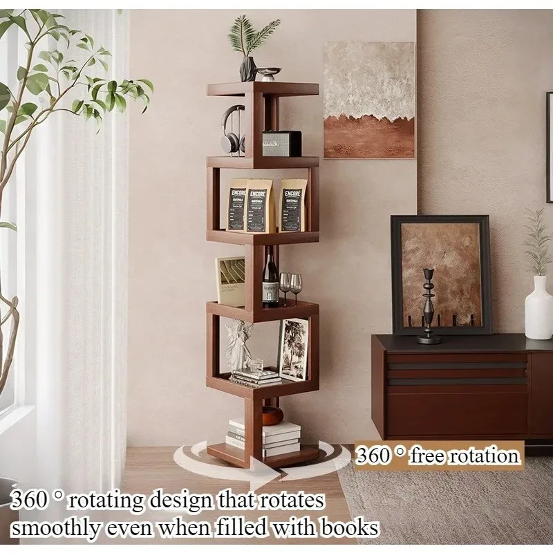 Rotating bookshelf 360-degree bookcase Floor shelf integrated againstthe wallCorner living room Simple solid wood narrow cabinet