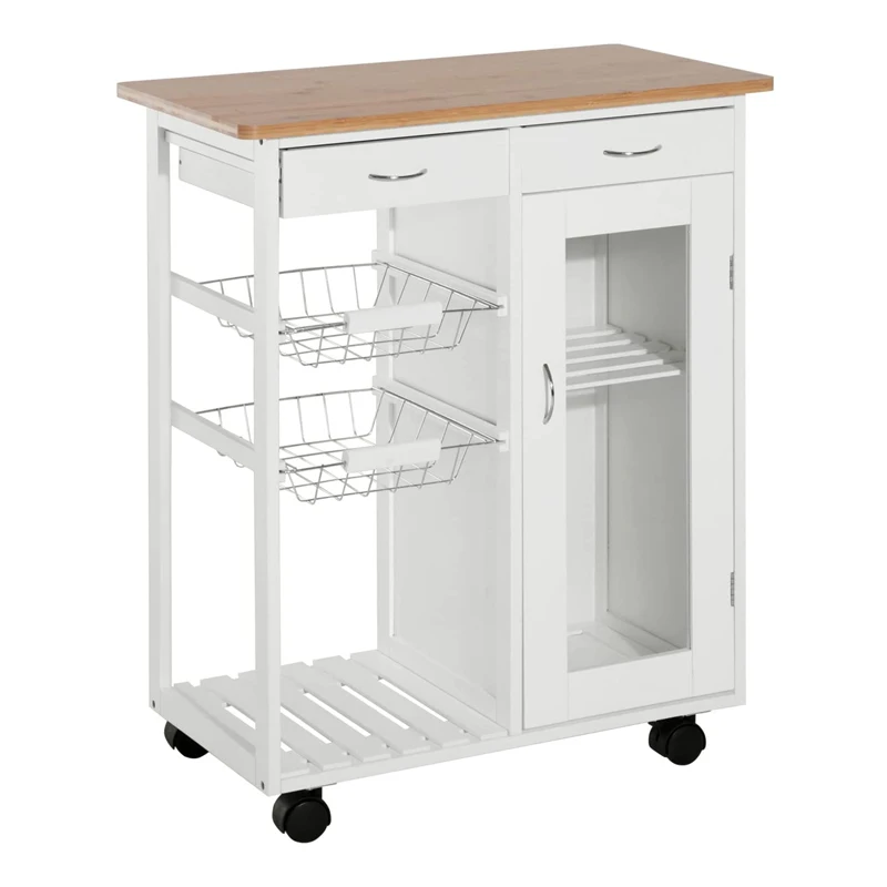 

Rolling Kitchen Trolley Serving Cart Storage Cabinet Bamboo Kitchen Cart Wire Basket Glass Door and Drawers