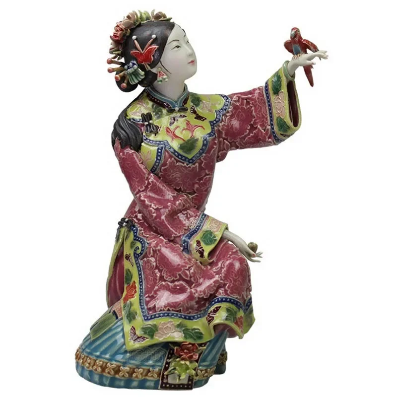 Antique Chinese Porcelain Figurine Home Decor Statue Ceramic Classical Ladies Spring Parrot Craft Painted Art Home Accessories