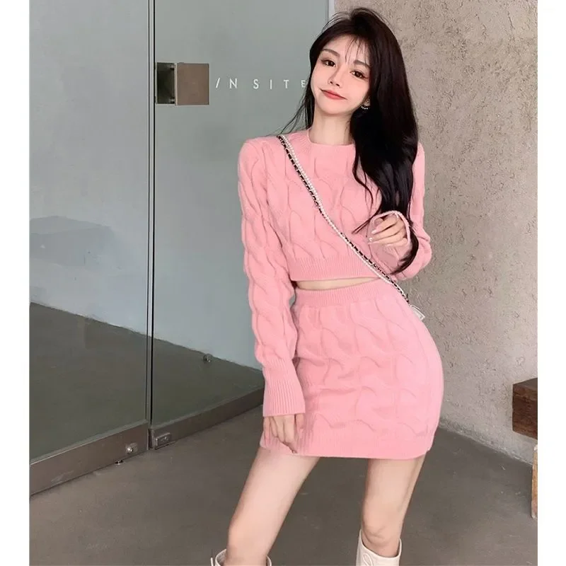 

Женская одежда, весенне-осенняя модная повседневная винтовая резьба, однотонные вязаные пуловеры, женская тонкая юбка трапециевидной формы, комплект из двух предметов