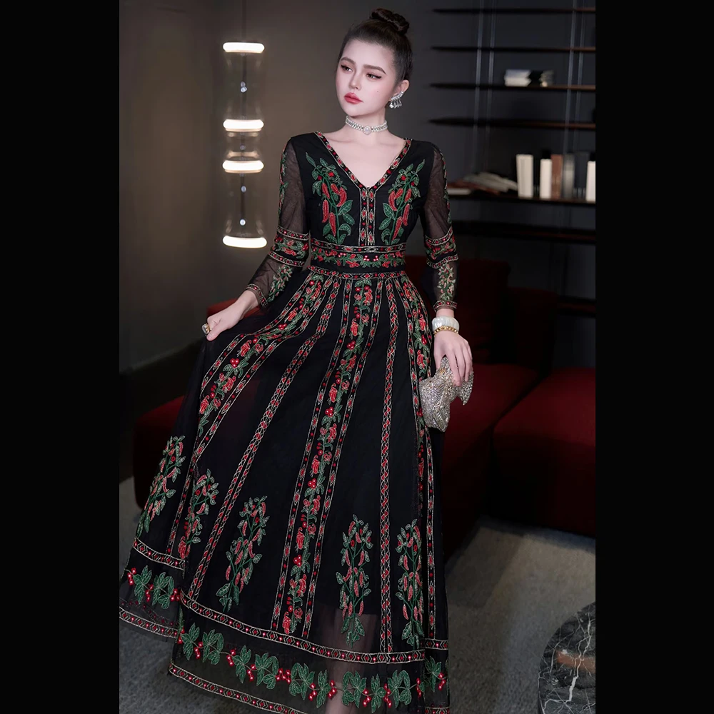 

Meyyithun Women's Dress New Arrival Black Long Sleeve V-neck Mesh Embroidered Long Dress Midi Dress