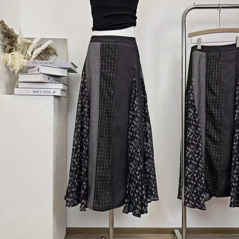 Women's Korean Fashion Vintage Y2K Plaid Floral Printed Denim Maxi Skirt High Waist A-Line Asymmetric Ruffles Jean Long Skirts