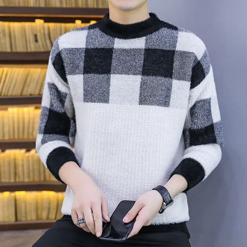 

Thiened Simulation Mink Knitted Sweater for Teenage Boys f High Collar Base Layer Winter Casual Polyester Fiber