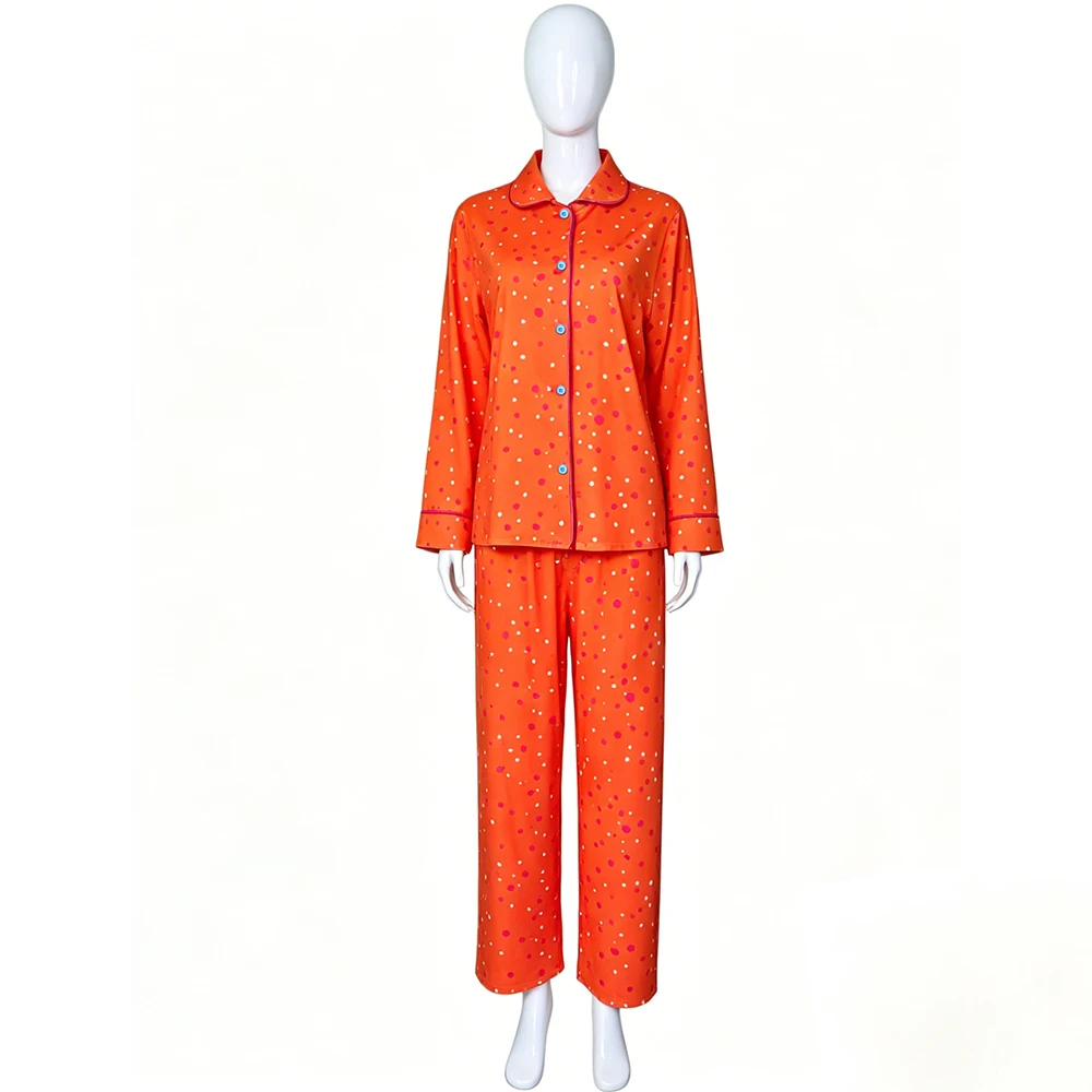 Anime Coraline Pajamas Orange Polka Dot Button-Up Loungewear Set For Halloween And Movie Cosplay Loose Long Sleeve & Long Pant