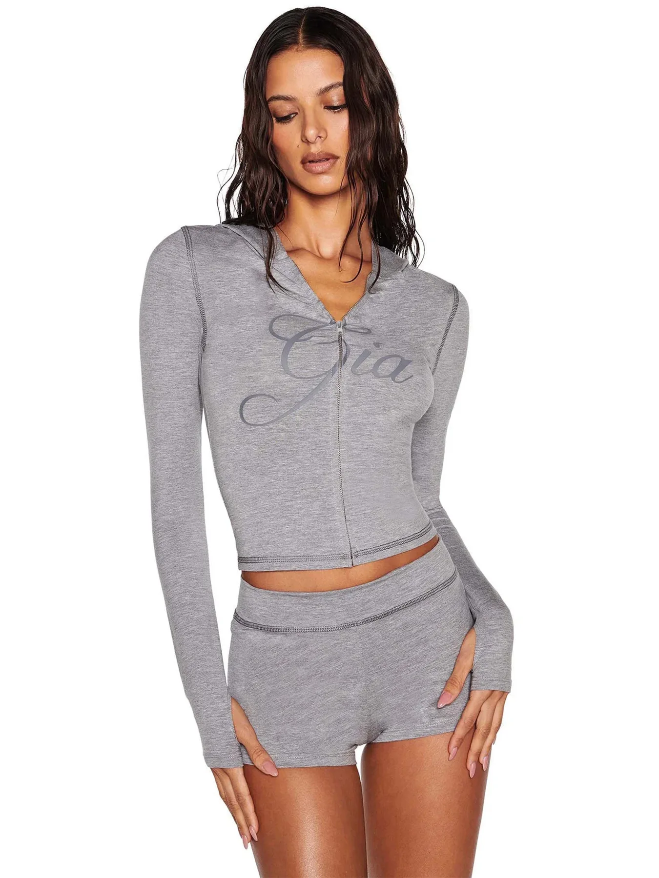Fitness Women 2 Piece Set Zipper Fly Sweatshirt Skinny Biker Shorts Matching Set 2025 Summer Streetwear Sporty Workout Tracksuit - Image 2