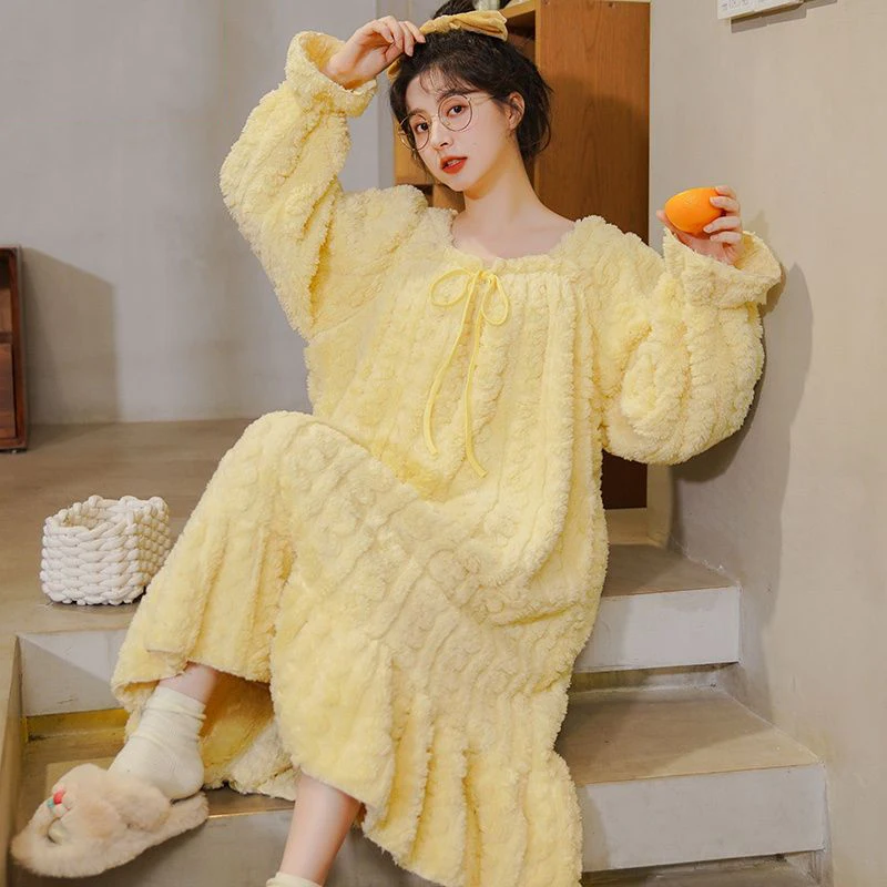 Plus Size 4XL Sweet Girl Flannel Long Nightdress Sleepwear Winter Thickened Coral Velvet Nightgown Home Dress Loose Lounge Wear