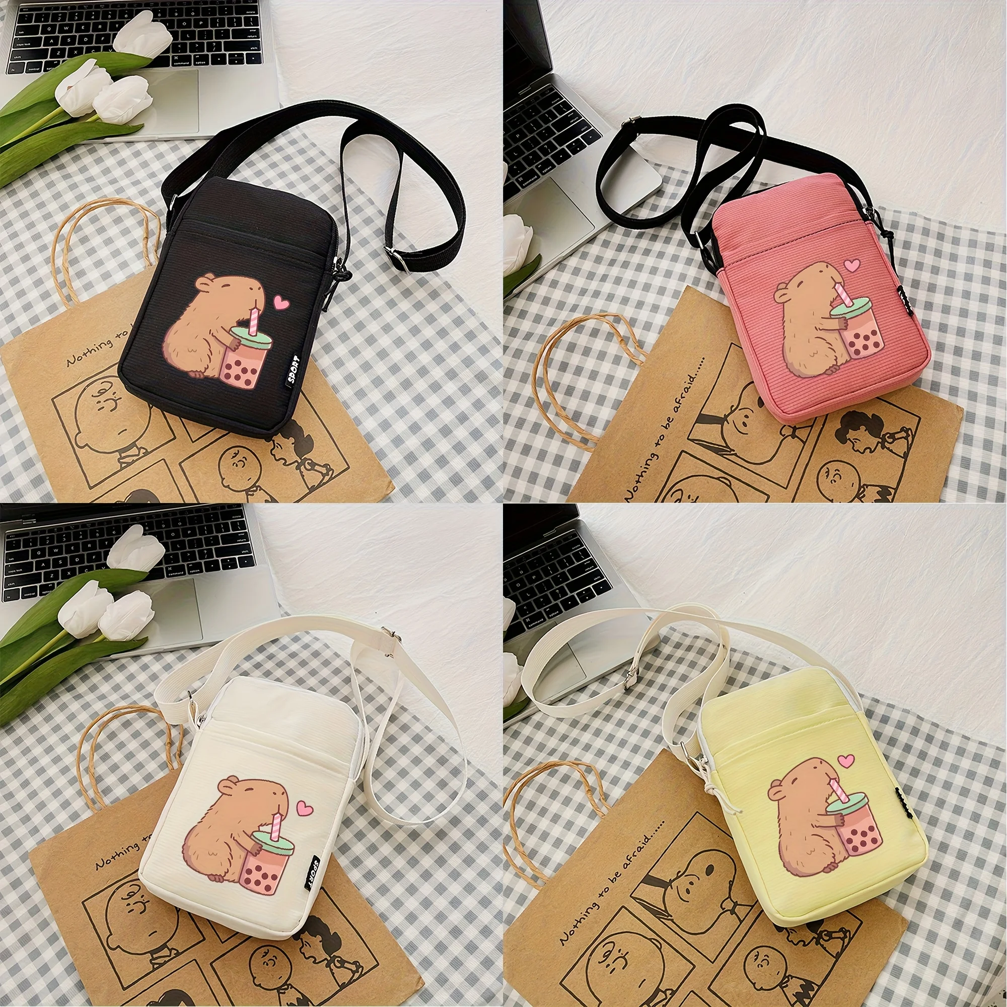 Kapibara Bubble Tea Pattern Mobile Phone Bag Coin Purse, Multifunctional Mini Zipper Crossbody Bag, Perfect Valentine's Day Gift