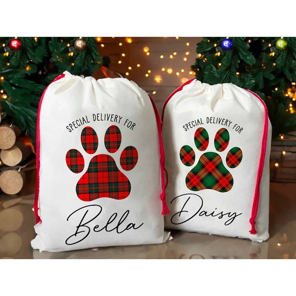 

Personalized Dog Name Santa Sack Pet Gift Bags for Christmas Decor Dog Gift Bag Paw Print Present Drawstring Bag New Year Gift