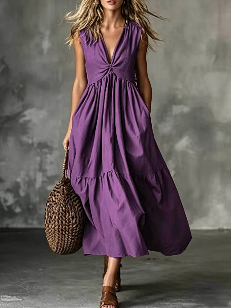 

SKMY 2026 Spring Summer Women's New Solid Color Sleeveless V-Neck Party Dress Fashion Ruched Long Dresses Polyester Ready Stock