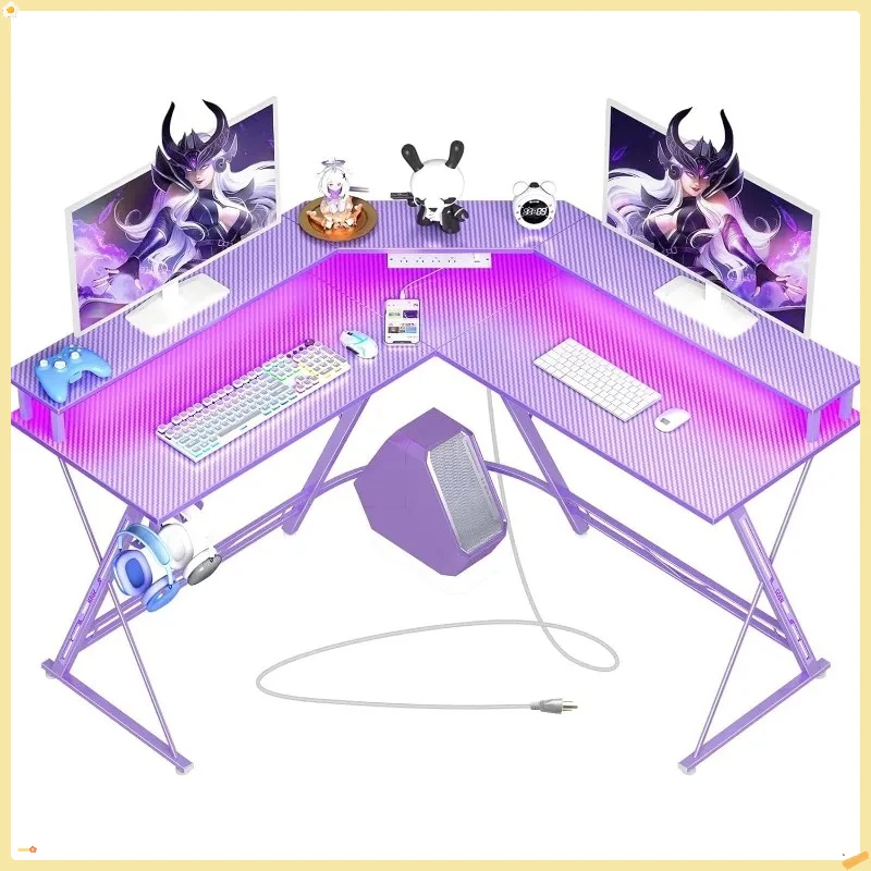 L-Shaped Gaming Desk 50.4" with LED Lights & USB Ports, Carbon Fiber Computer Desk with Monitor Stand for Gamers