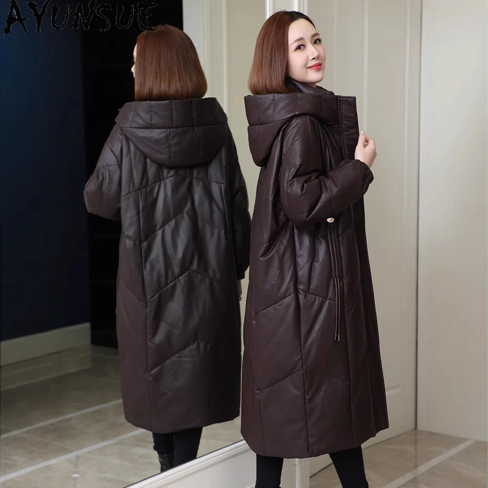 AYUNSUE Giacca in vera pelle di pecora Donna 2025 Abiti invernali Medio-lungo Piumino d'oca bianca Cappotto da donna con cappuccio Jaqueta De Couro