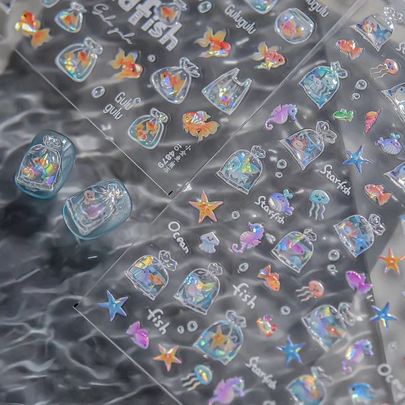 1 pièces mignon un sac d'autocollants de charme d'ongle d'étoile de mer 3D gelée océan poisson bulle adhésif autocollant d'ongle bricolage décorations d'art d'ongle d'été