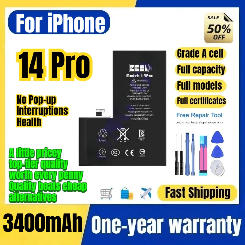 A2890 for IPhone 14 Pro No Pop-up Interruptions Health Phone Battery High Quality Replacement Bateria Grade A Cell with Tools