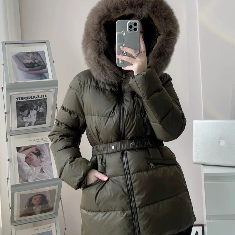 Women\'s Down Jacket Winter New Puffer Coats Simple Slim Waistband Outerwears Large Fur Collar Thick Warm Mid-length Down Coats